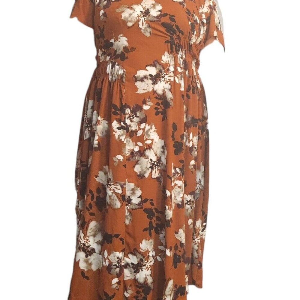 Vera Wang Simply Vera Brown Rust White Flower Pattern Floral Print Dress 2XL